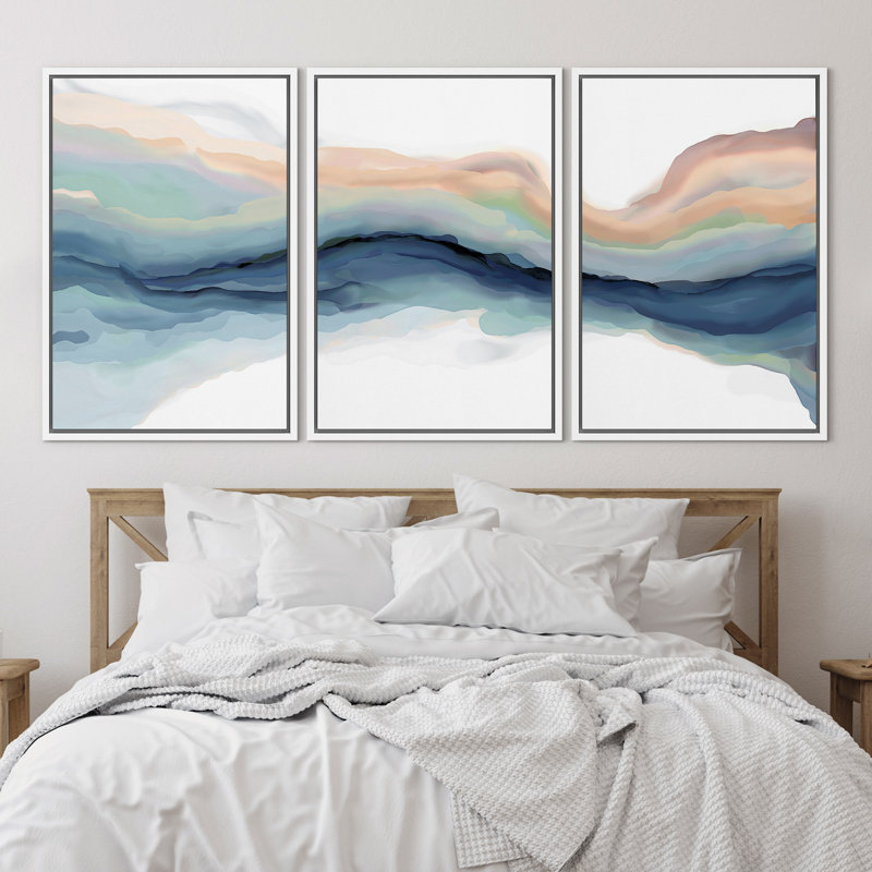 Pastel Watercolor Blue Paint Stroke Abstract Landscape- Framed Canvas Print Wall Art Work Home Decor, 36" H x 72" W