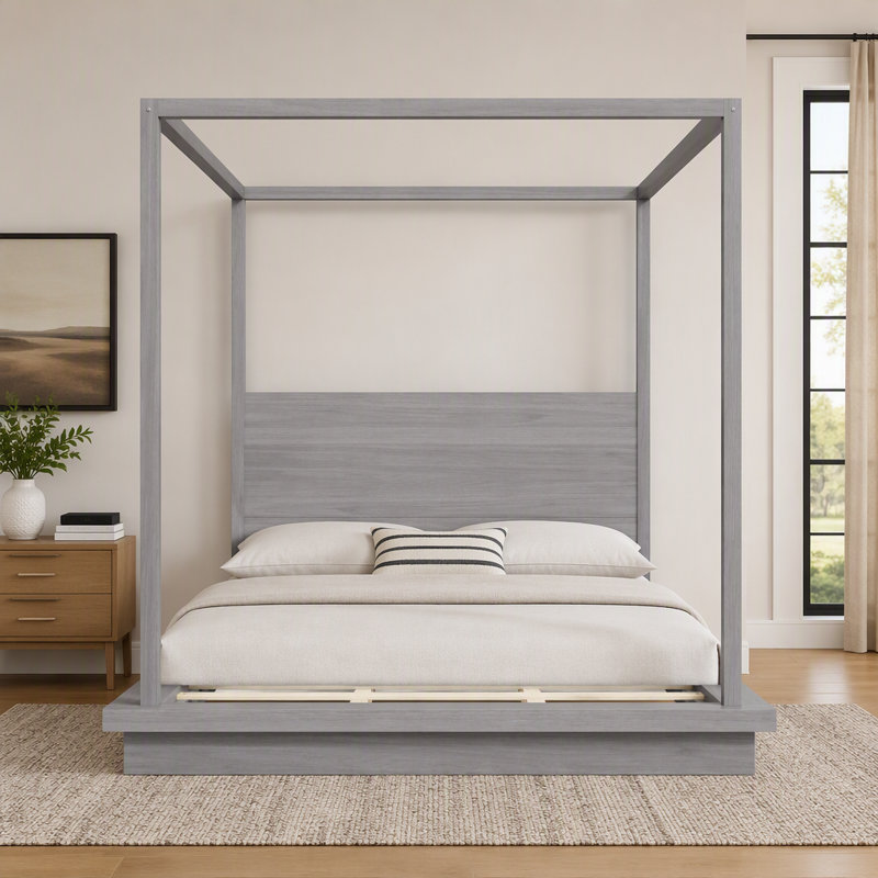Structure de lit en bois, lit plateforme à baldaquin avec tête de lit, Très grand lit, Gris