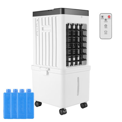 Ventilateur portatif 12L avec double réservoir d'eau, ventilateur oscillant à 3 vitesses avec télécommande tactile, minuterie 15H, 4 roues et 4 sacs de glace pour la chambre à coucher