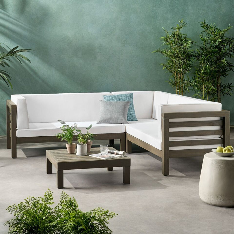 Ensemble de conversation modulaire en bois avec coussins Oana, Blanc