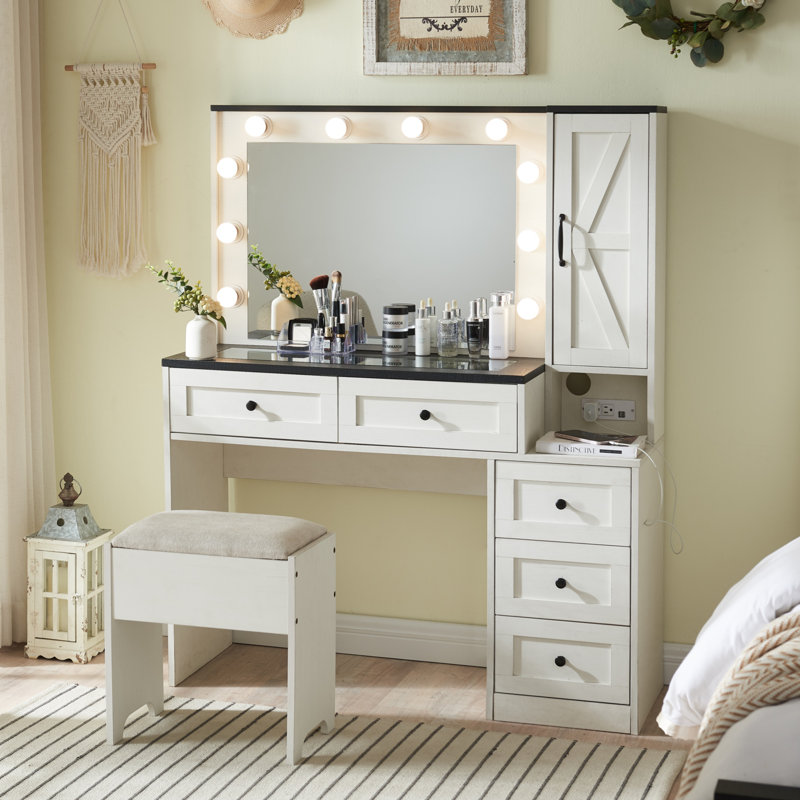 Dressing Table with Mirror, White/Black