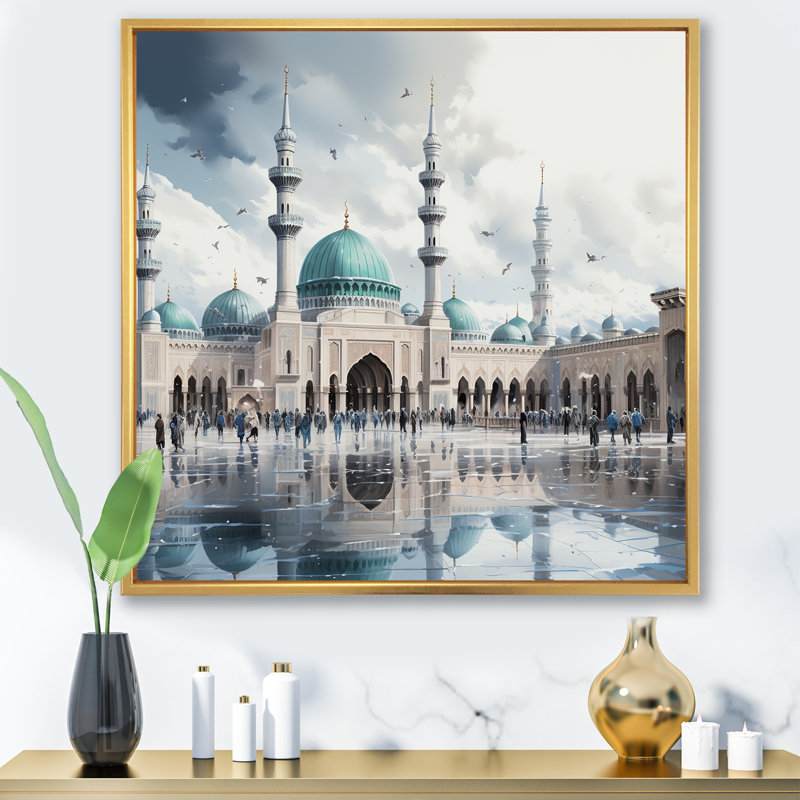 «Mosquée blanche et bleue», art mural, H 16 po x l 16 po x P 1 po, Cadre flottant doré