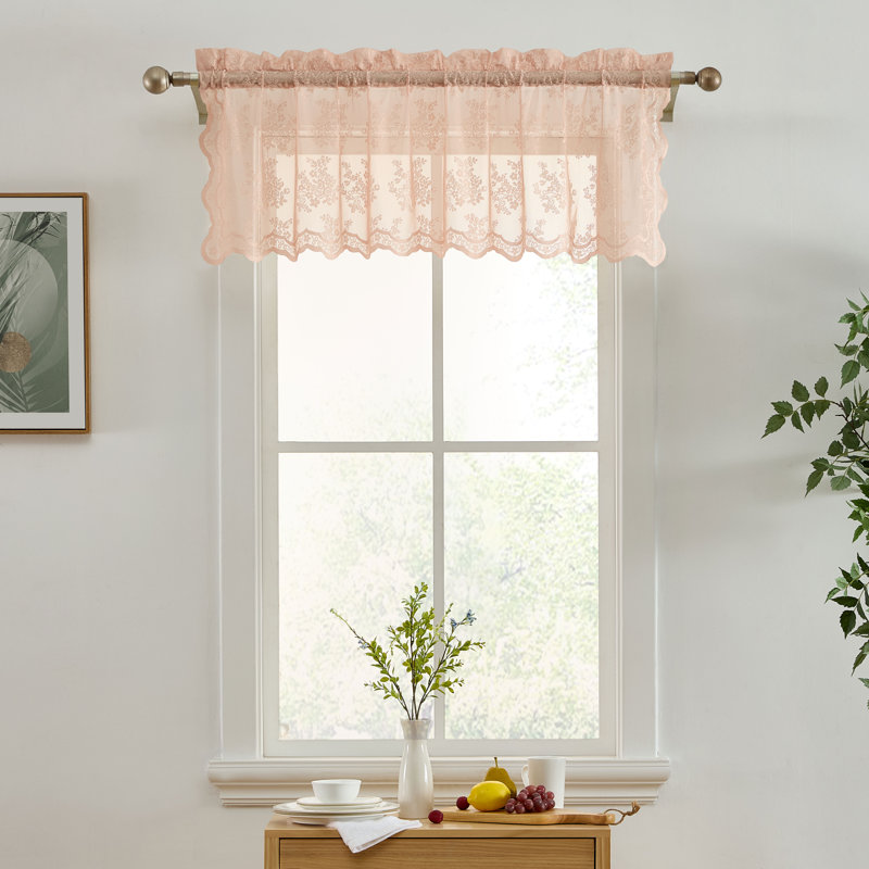 Stefani Floral Rod Pocket Lace Semi Sheer Voile Short Valance for Small Windows, Kitchen & Bathroom - 54 x 18 Inch Length