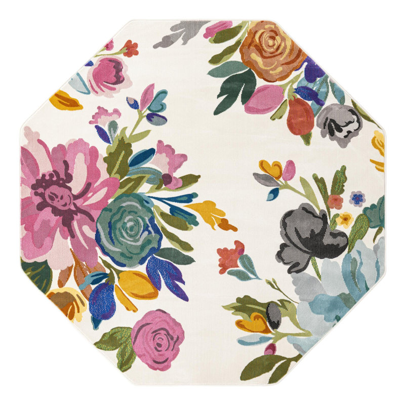 Tapis à motif floral vert / mauve / bleu / ivoire / gris / orange Aludra, Octogone 6 pi x 6 pi