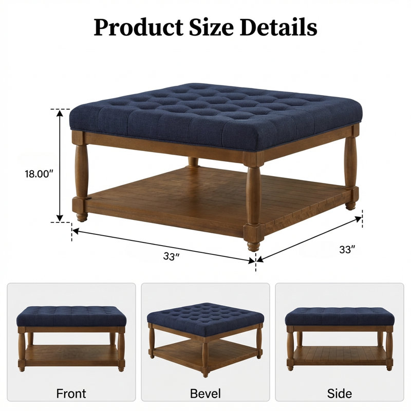 Grande table basse avec repose-pieds capitonné rembourré avec tablette en bois massif et repose-pieds
