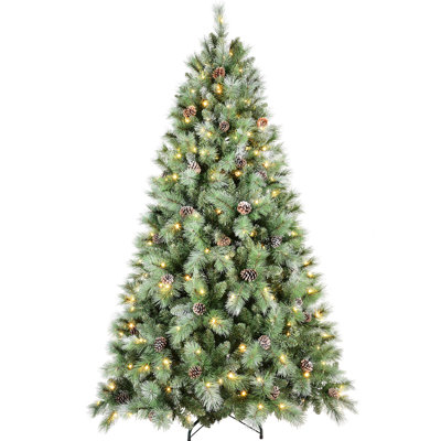 8FT Christmas Tree With 550 Warm LED Lights – 1858 PVC & Hard Needle Tips, 102 Pine Cones, Hinged Branch Design, Sturdy Metal Stand – Full Realistic Holiday Tree