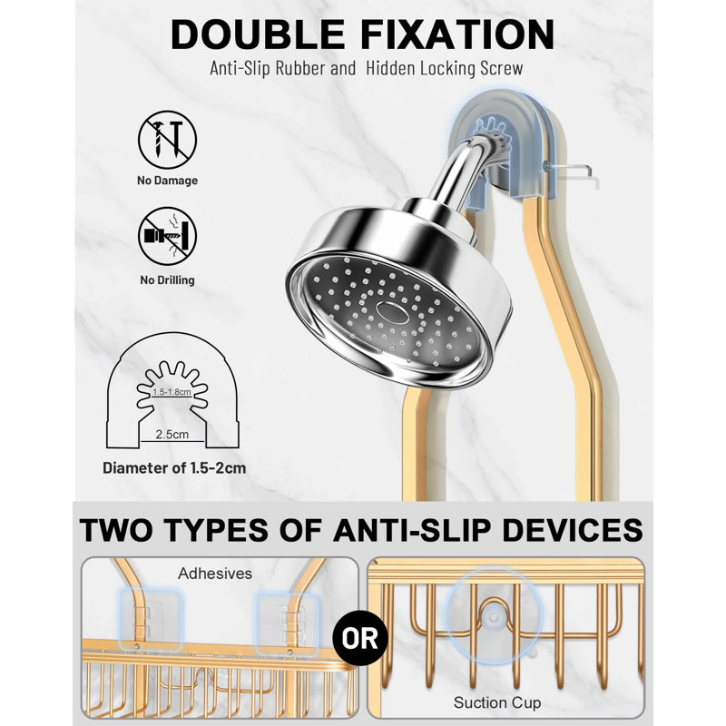 Organisateur de douche suspendu inusable, panier en aluminium à fixer sur le pommeau de douche, avec panier à savon et 6 crochets (doré)