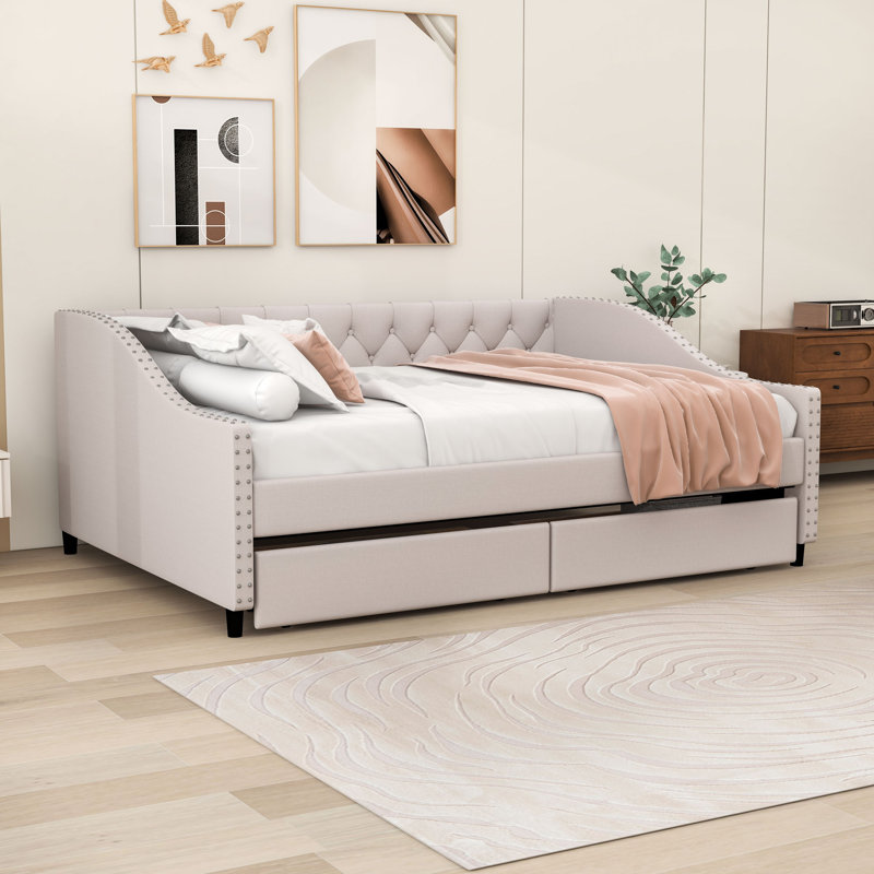 Full Upholstered Daybed with Two Drawers, Beige