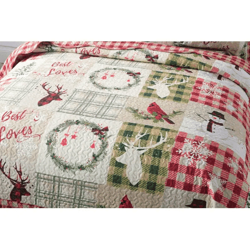 Festive Red and White Reversible Queen Microfiber Quilt Set