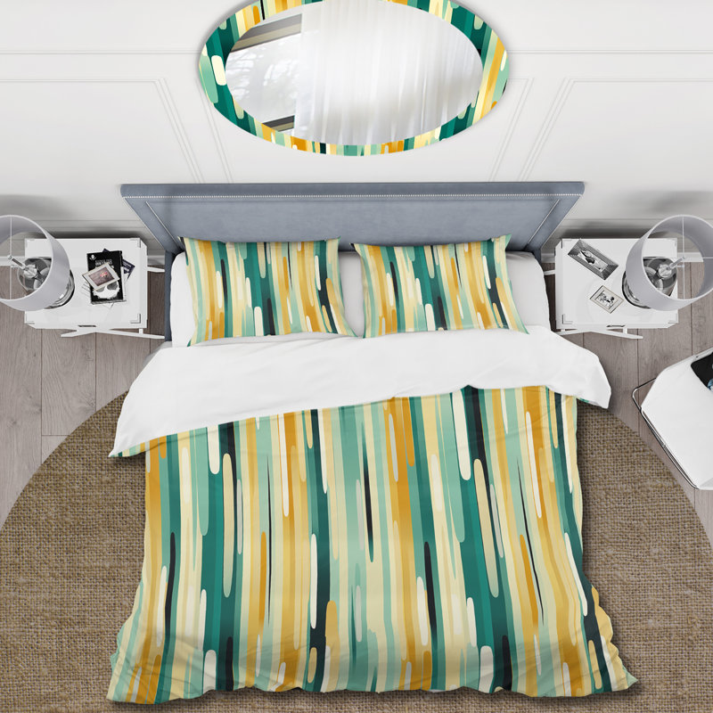 Jungle Green And Yellow Striped Pattern Striped Duvet Cover, King Duvet Cover + 2 King Shams