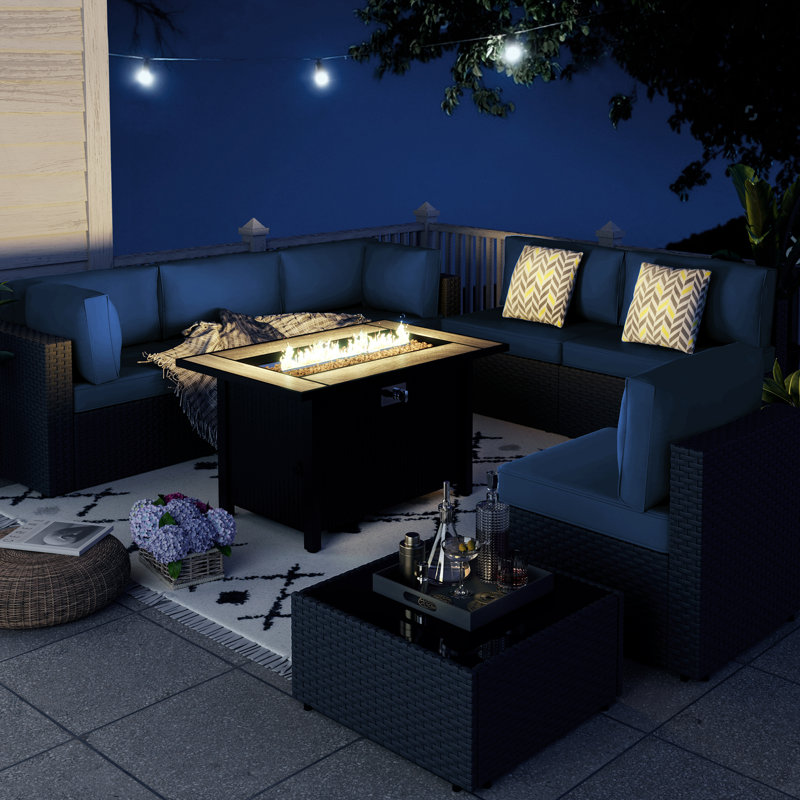  Bushrah 8-Piece Outdoor Patio Seating Group with Fire Pit Table, Black, Navy