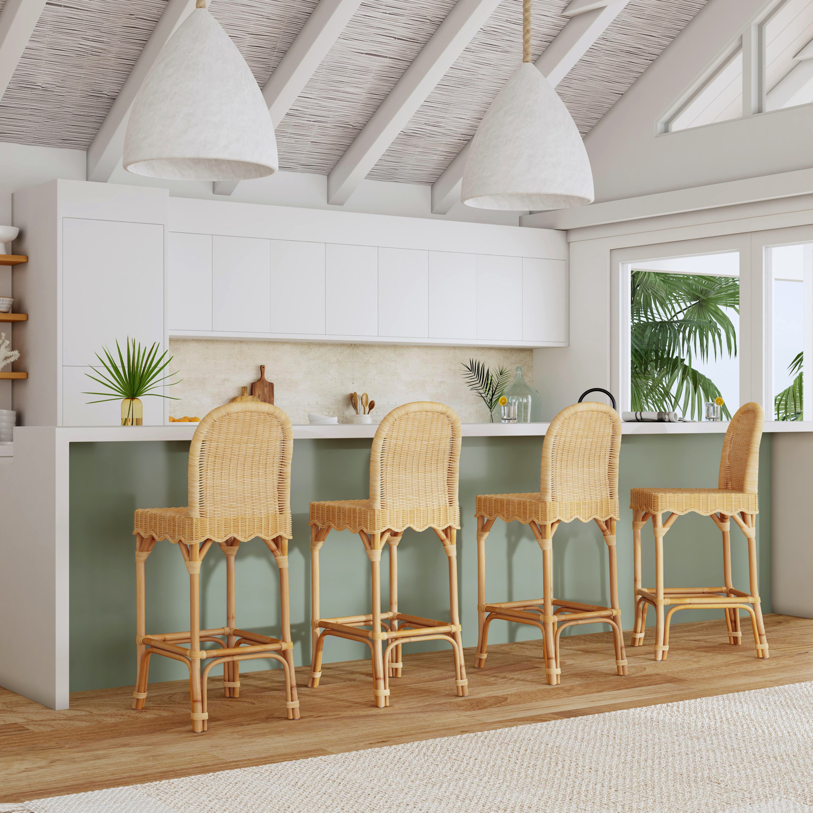 Lacie Rattan Scalloped Bar Stool, Bar Stool (30" Seat Height)