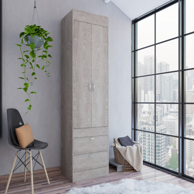 Armoire, armoire à deux portes, deux tiroirs, poignées en métal, tringle
