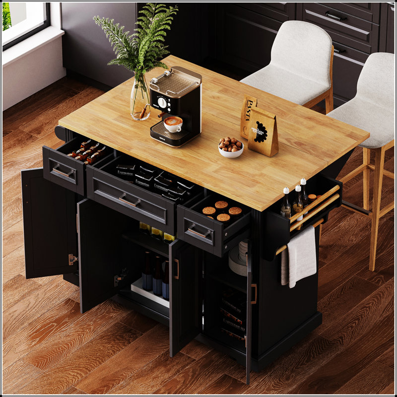 54Inch Large Kitchen Island With Rubber Wood Drop Leaf, Embossed Texture Rolling Cart On 4 Wheels, Ample Storage For Kitchen And Dining Room