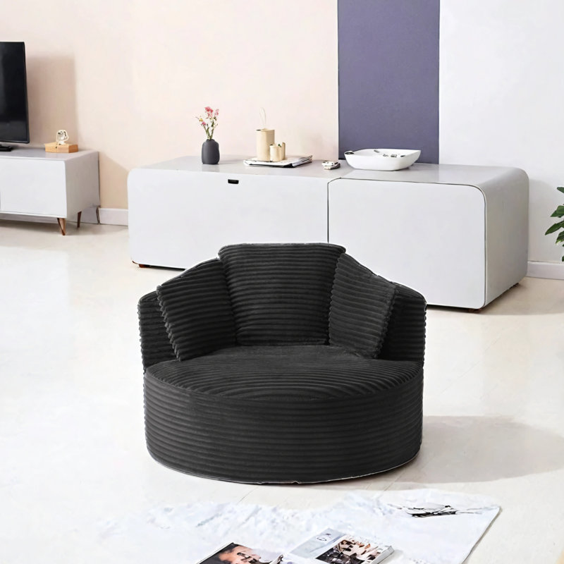 Fauteuil rond en velours côtelé à dossier doux, Noir