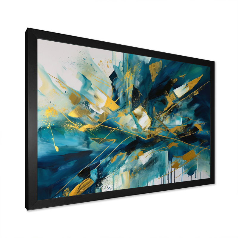 Golden Explosion Triangles V - Abstract Geometric Wall Art, Black Picture Framed Canvas, 12" H x 20" W x 1" D