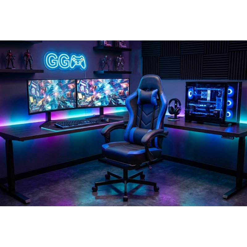 Ergonomic High-Back PC & Racing Chair With Massage Lumbar, Footrest & Adjustable Arms, Black/Blue