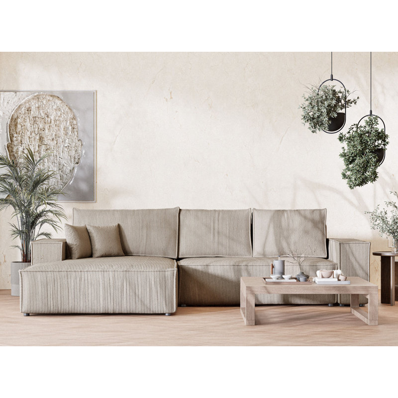 5 Seater Fabric Corner Sofa , Left Hand Facing, Beige Velvet