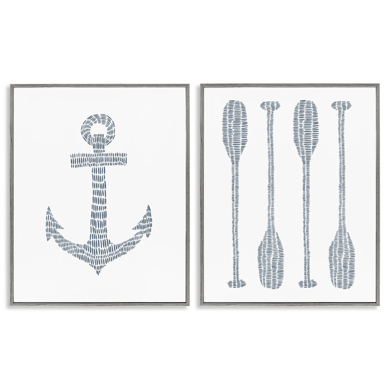 «Simple Lines Nautical Anchor Oars», ensemble de 2 giclées encadrées par Jetty Home, LLC, Estampe numérique Farmhouse