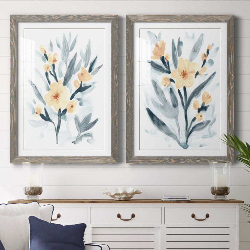Indigo et rosé Bouquet I encadré mat - prêt à accrocher, H 37,5 po x l 55 po x P 1,5 po, Encadré gris
