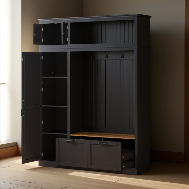 3-in-1 Hall Tree With Overhead Storage Cabinet, 3 Adjustable Side Shelves, 4 Heavy-duty Hooks, 2 Spacious Drawers, Grooved Back Panel Design, Contrasting Seat Bench, Multifunctional Entryway Organizer