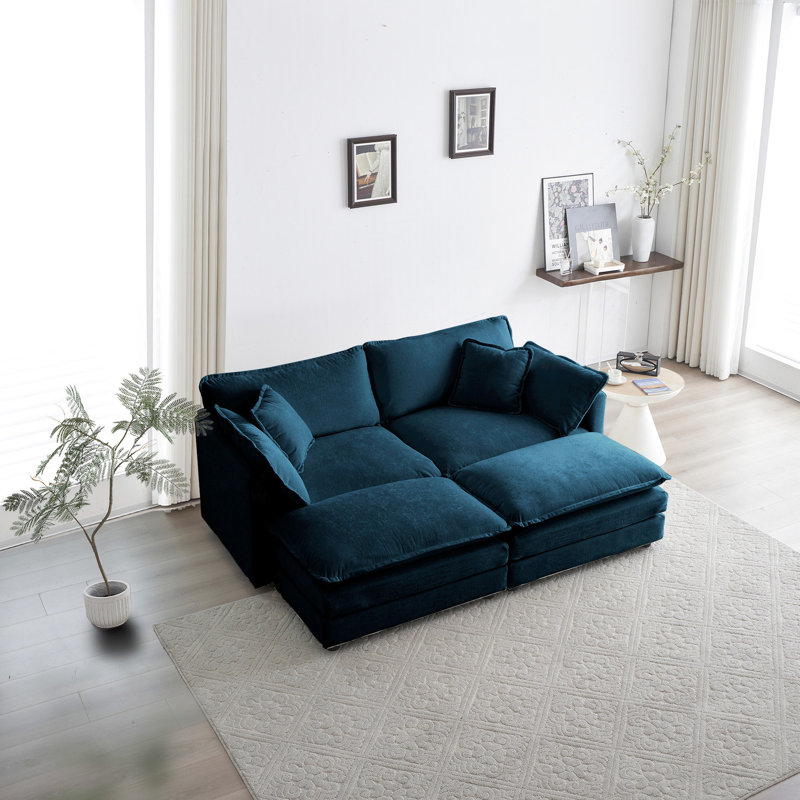 Canapé modulaire en chenille bleu avec 2 places et repose-pieds pour un salon confortable
