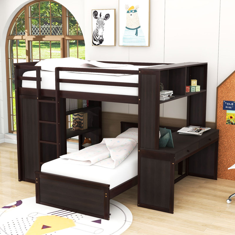 Crone Full Over Twin 2 Drawers Wood Bunk Bed with Shelves,Desk and Wardrobe, Espresso
