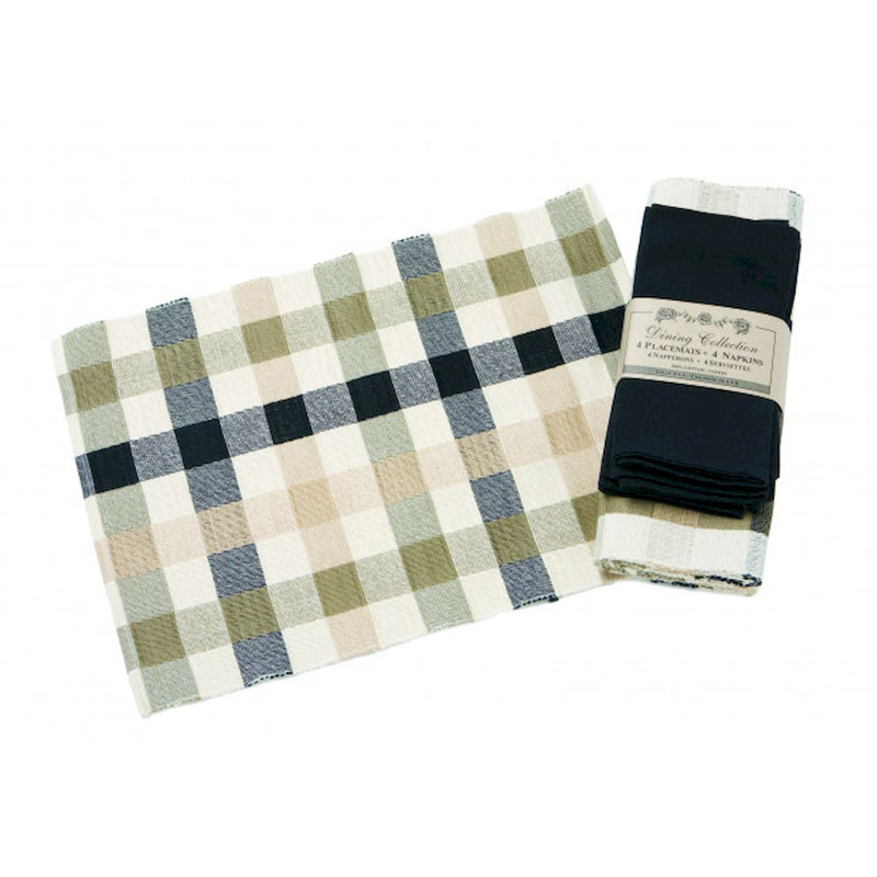 Rectangle Placemat And Napkin Set, Black/Green/White