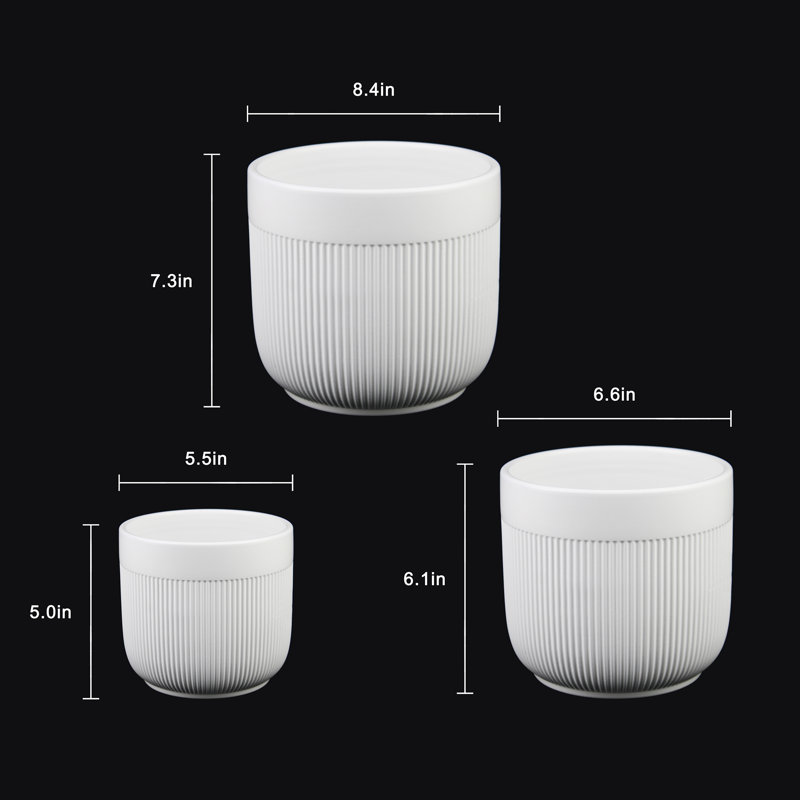3-piece White Stoneware Planter Pot Set With Vertical Line Texture