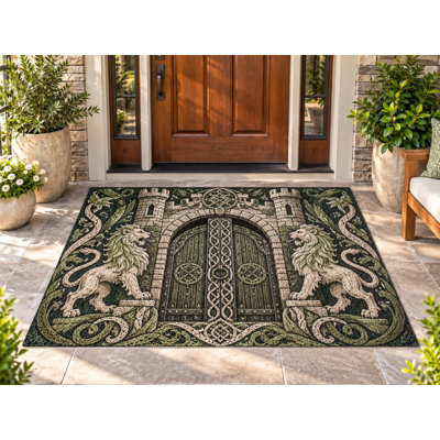 5' x 7' Outdoor Area Rug Celtic Castle Lion Gate Heavyweight Solid Waterproof PVC Coil Loop Carpet, Patio Rug Quick Dry Outdoor Mat for Large Doormat Porch Deck Balcony Entryway