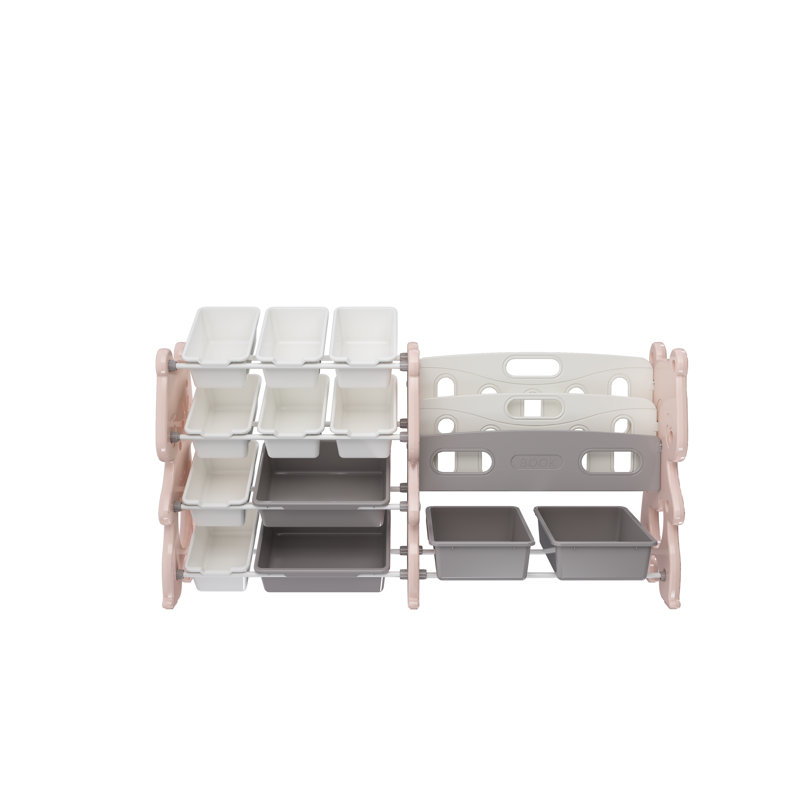 Organisateur de rangement pour jouets rose avec bibliothèque à 2 niveaux et 12 bacs à jouets - Solution de rangement multifonctionnelle pour enfants pour chambre à coucher, salle de jeux et salle de classe