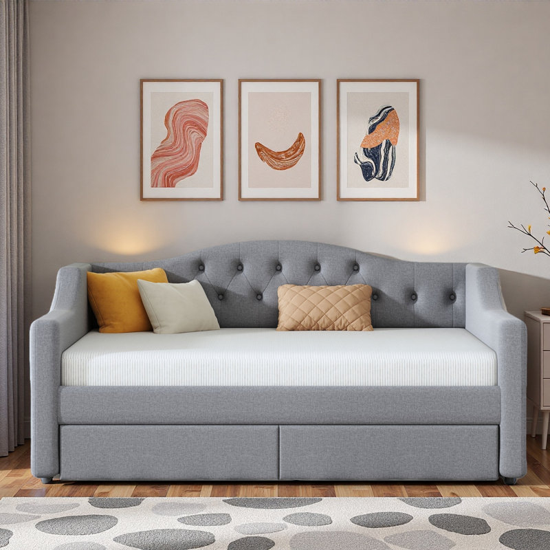 Modern Upholstered Daybed With Led Belt And Trundle, Gray