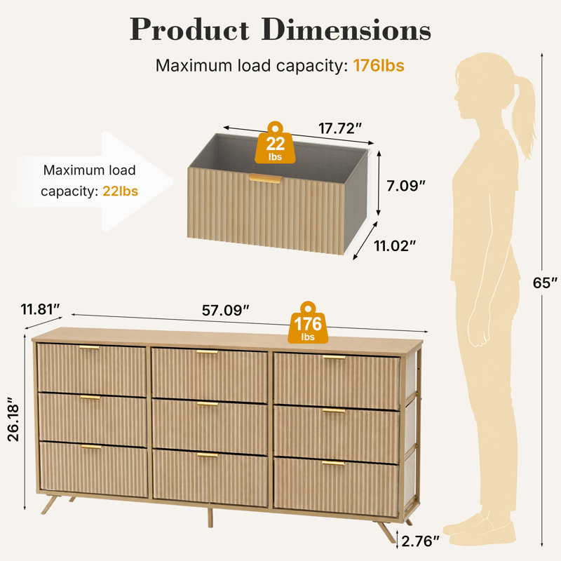 57" W Modern 9 Drawer Dresser with Fluted Fabric Drawers, Wood Top and Anti-Tipping Device, Wood