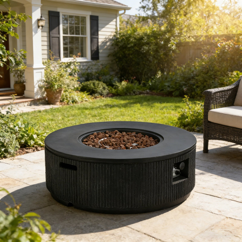 Lightweight MGO Round Propane Fire Pit With Vertical Stripe Design, Steel Burner, Adjustable Flame, Lava Rocks & Rain Cover Included