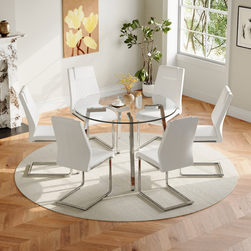 Glass Top Dining Set, 7, Silver, White/Silver