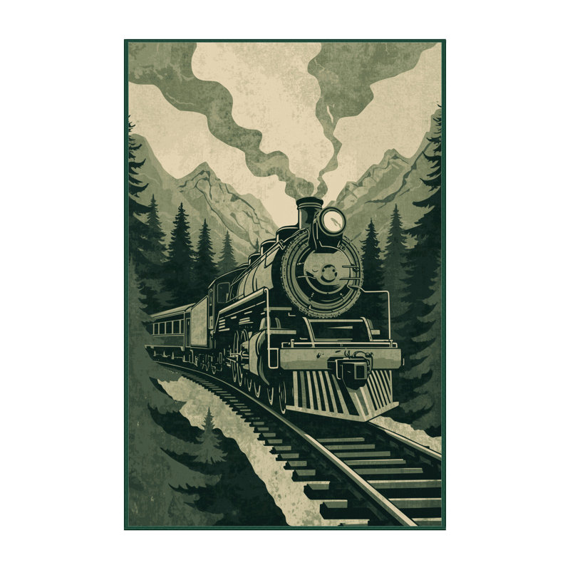 Soft Plush Vehicles And Transportation Mountain Railway Train Rustic Area Rug in Green – Green Binding, 4x6