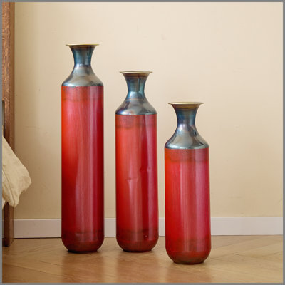Artisanal Fire-Finished Metal Vases, Set of 3 Tall Rustic Floor Vases, Handcrafted Burned Texture for Modern Farmhouse & Industrial Home Decor (28.35, 24.41, 20.47 Inch)