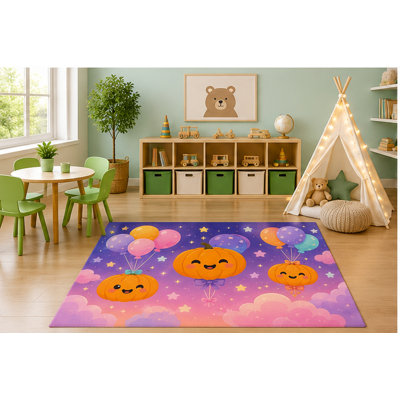 5' x 7' Floating Pumpkin Balloons Kids Area Rug, Cute Kawaii Pumpkins Balloons Sky Cartoon Playroom Nursery Bedroom Decor, Non-Slip Silicone Backing Low Pile