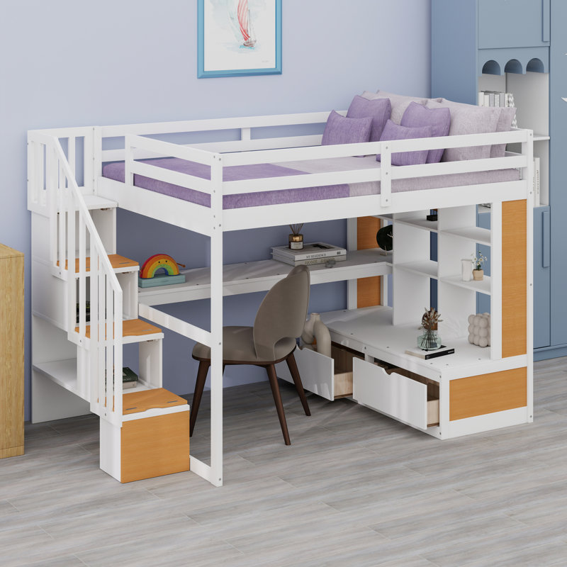 Lit mezzanine en bois de pin massif avec bureau, tablettes et escalier de rangement, Naturel