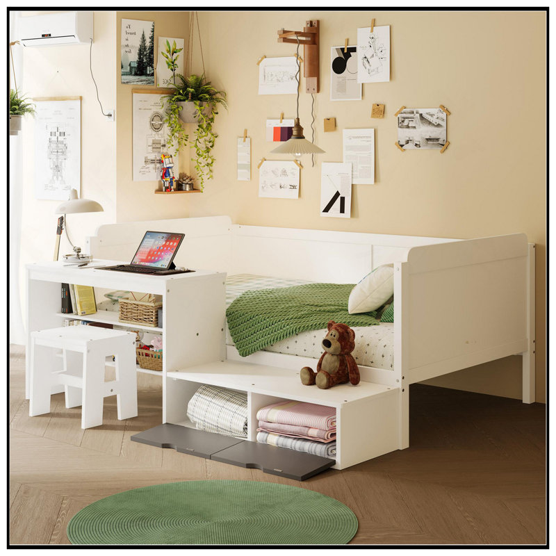 Lit de jour simple en bois avec tablettes de rangement et casiers, lit multifonctionnel avec bureau d'étude et tabouret assorti, blanc