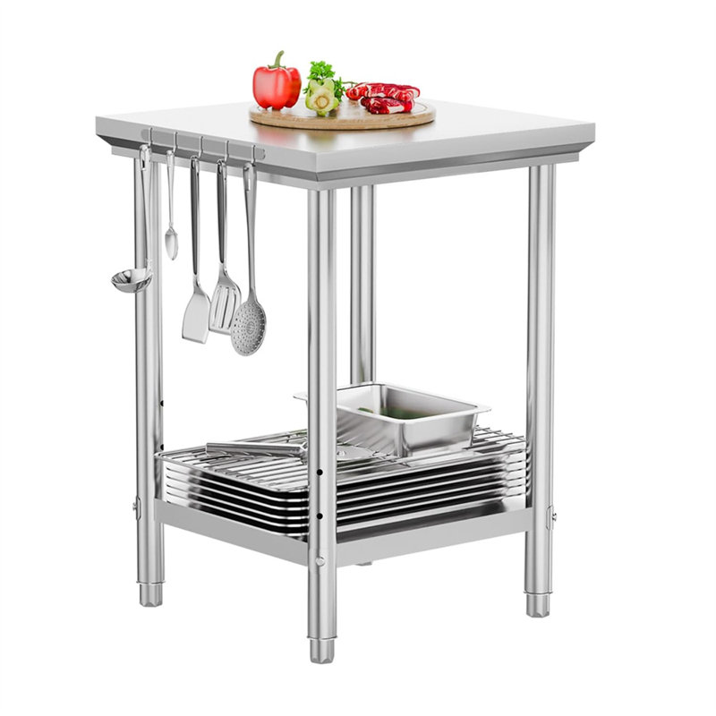 Table de préparation de cuisine 24 po x 24 po en acier inoxydable argenté avec crochets et tablette réglable