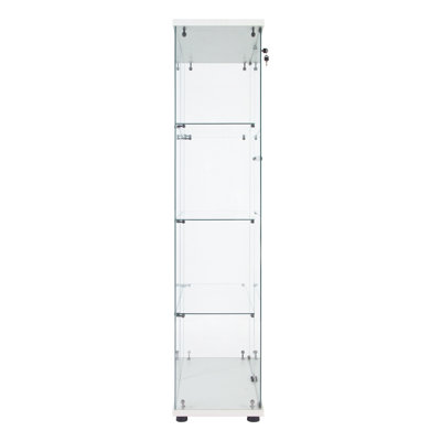 Led Strip Lighted 4-shelf Glass Showcase, 12 Color Options, Remote, 63.4h X 32.48l 14.38w, Battery Powered, Tempered Glass, Solid Wood Doors Display Cabinet With Strip, Settings, Operated, Pegs