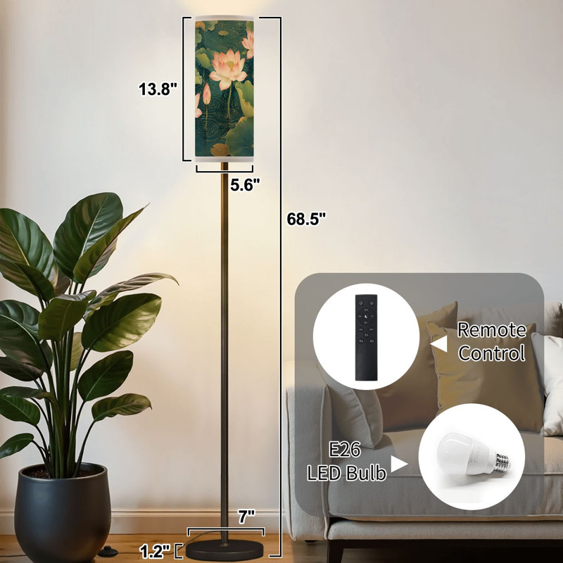 Lampe sur pied élégante avec fleurs de lotus roses, feuilles vertes, eau calme, intensité variable, lampe sur pied avec télécommande, pédale, abat-jour, abat-jour, grand lampadaire pour salon, chambre, bureau