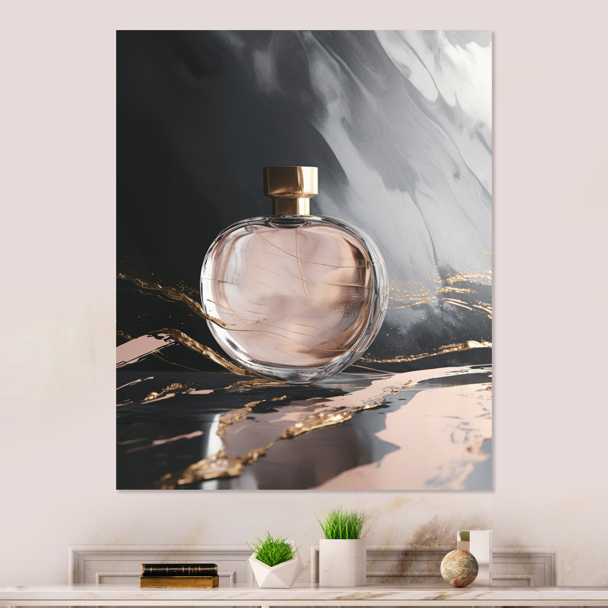Gold Perfume Couture I - Unframed Print on Metal House of Hampton Size: 32 H x 16 W x 1 D