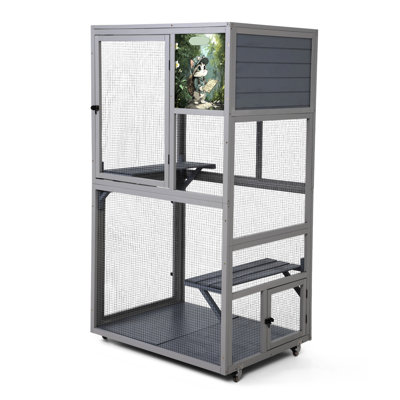Maison mobile pour chat 66 po en gris foncé, bois de pin et filet galvanisé, avec roues verrouillables, idéale pour 1 ou 2 compagnons félins en plein air, en métal, avec deux plateformes de relaxation