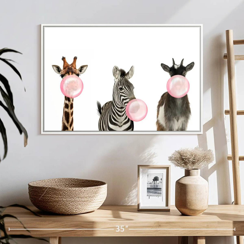 Animaux de safari Bubble Gum, 25 po x 17 po, Cadre flottant blanc