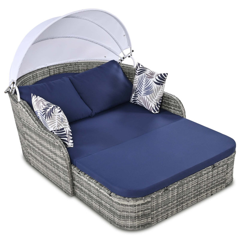 79.9" Outdoor Sunbed With Adjustable Canopy, Double Lounge, PE Rattan Daybed, Wicker And Cushion, Gray, Blue