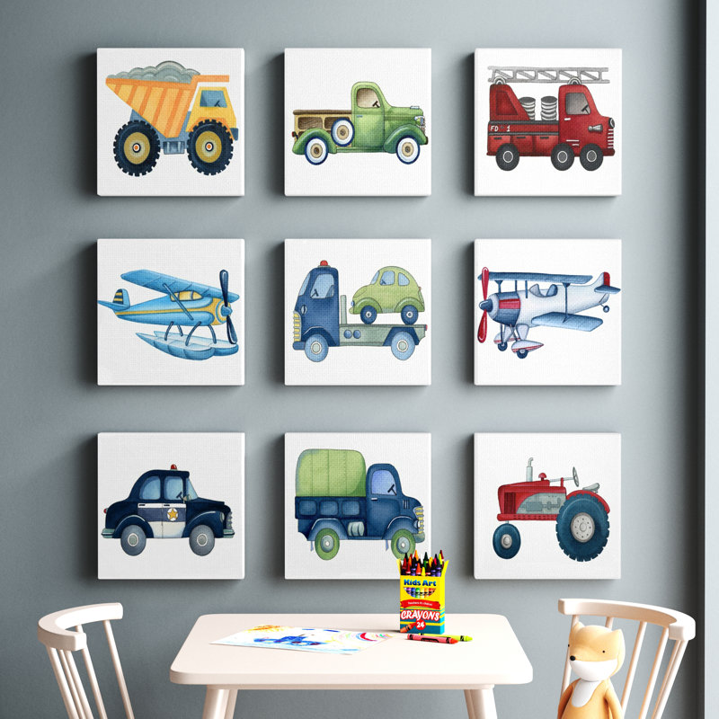 Truck and Plane Transportation Illustrations 9pc Stretched Canvas Wall Art Set