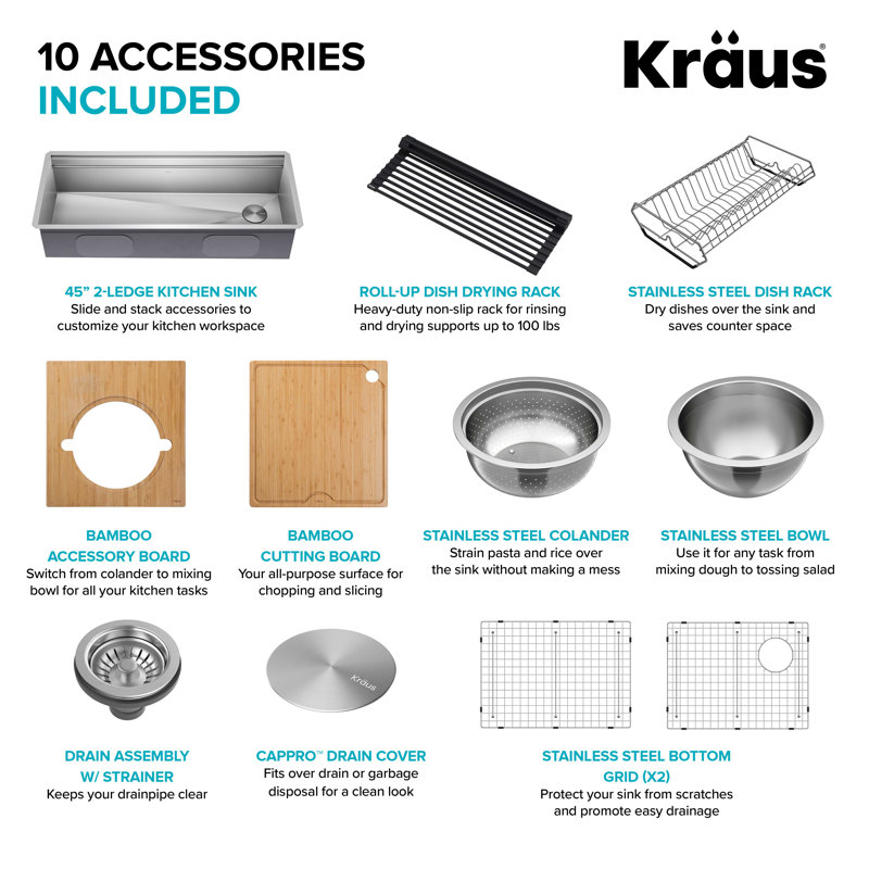Évier de cuisine KRAUS Kore ™ à 2 niveaux en acier inoxydable encastrable à simple cuve de calibre 16 de 45 po avec accessoires Kore ™