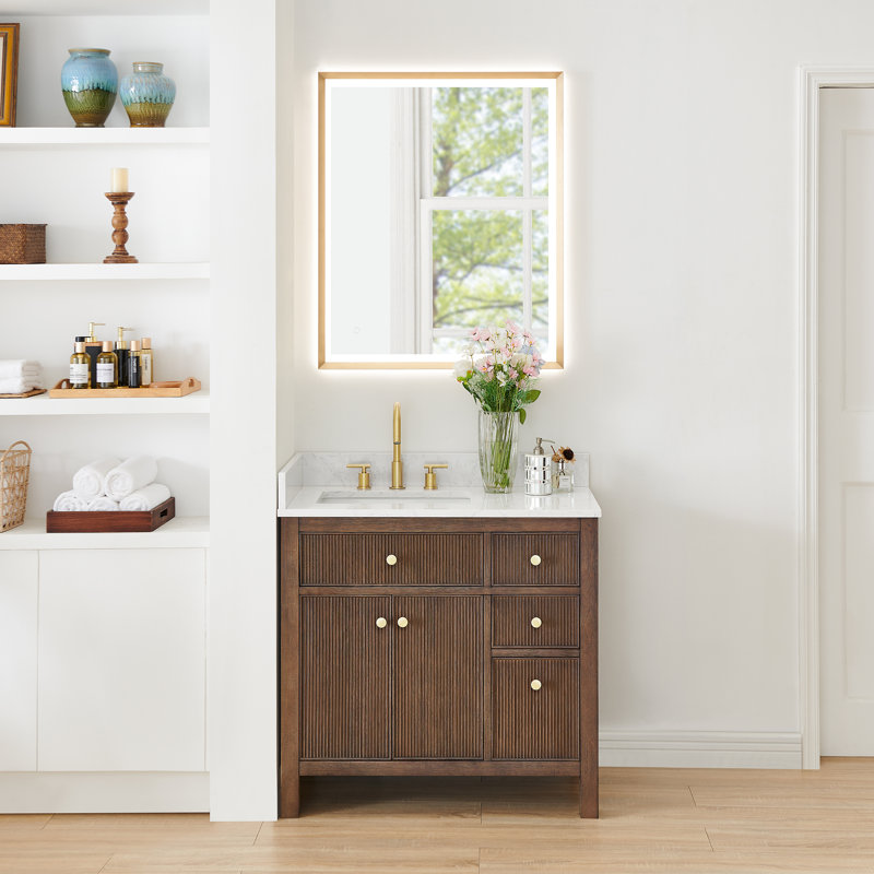 Meuble-lavabo simple 36 po avec miroir Lala, Chêne brun brossé